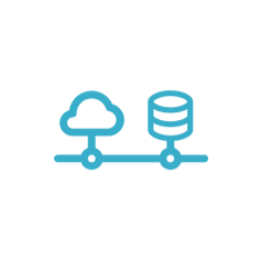 Ein blaues Icon zeigt Cloud- und Datenbanksymbol, verbunden durch eine Linie.