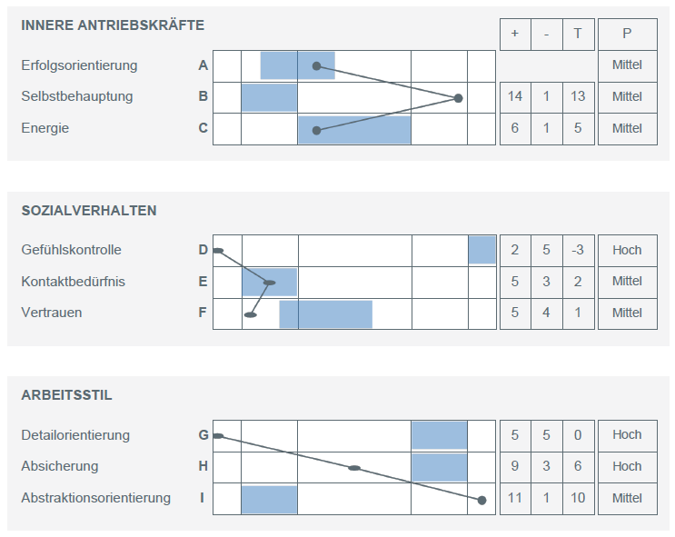 Grafik zeigt Master Ch Persönlichkeitsprofil mit Balkendiagrammen zu Antrieb, Sozialverhalten und Arbeitsstil.