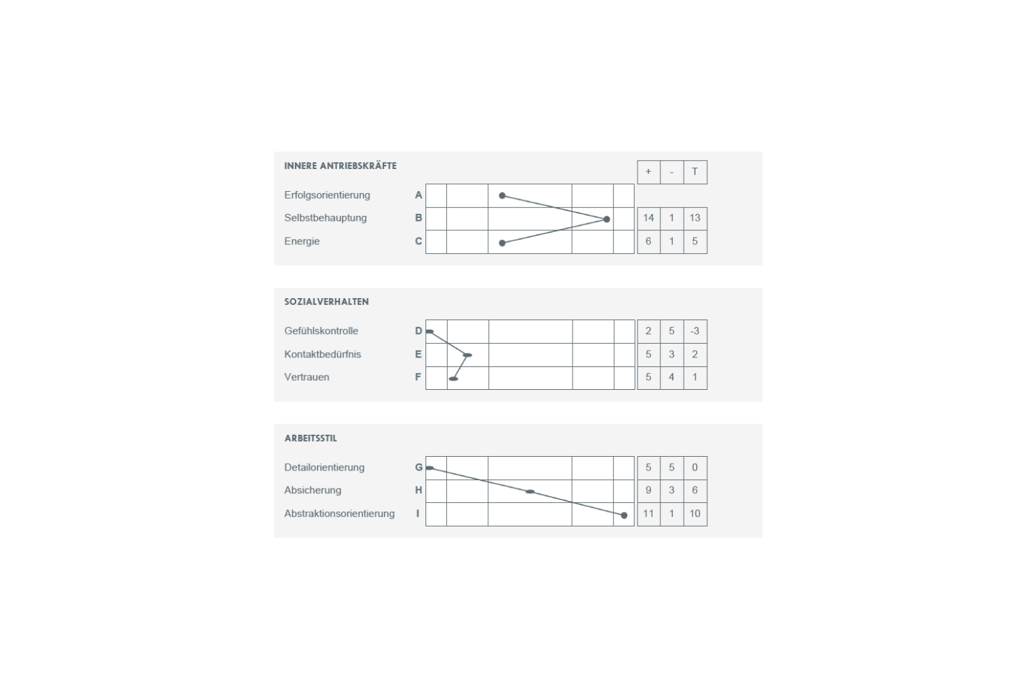 Diagramm zur Persönlichkeitsanalyse mit Fokus auf Antriebskräfte, Sozialverhalten und Arbeitsstil von Master Ch.