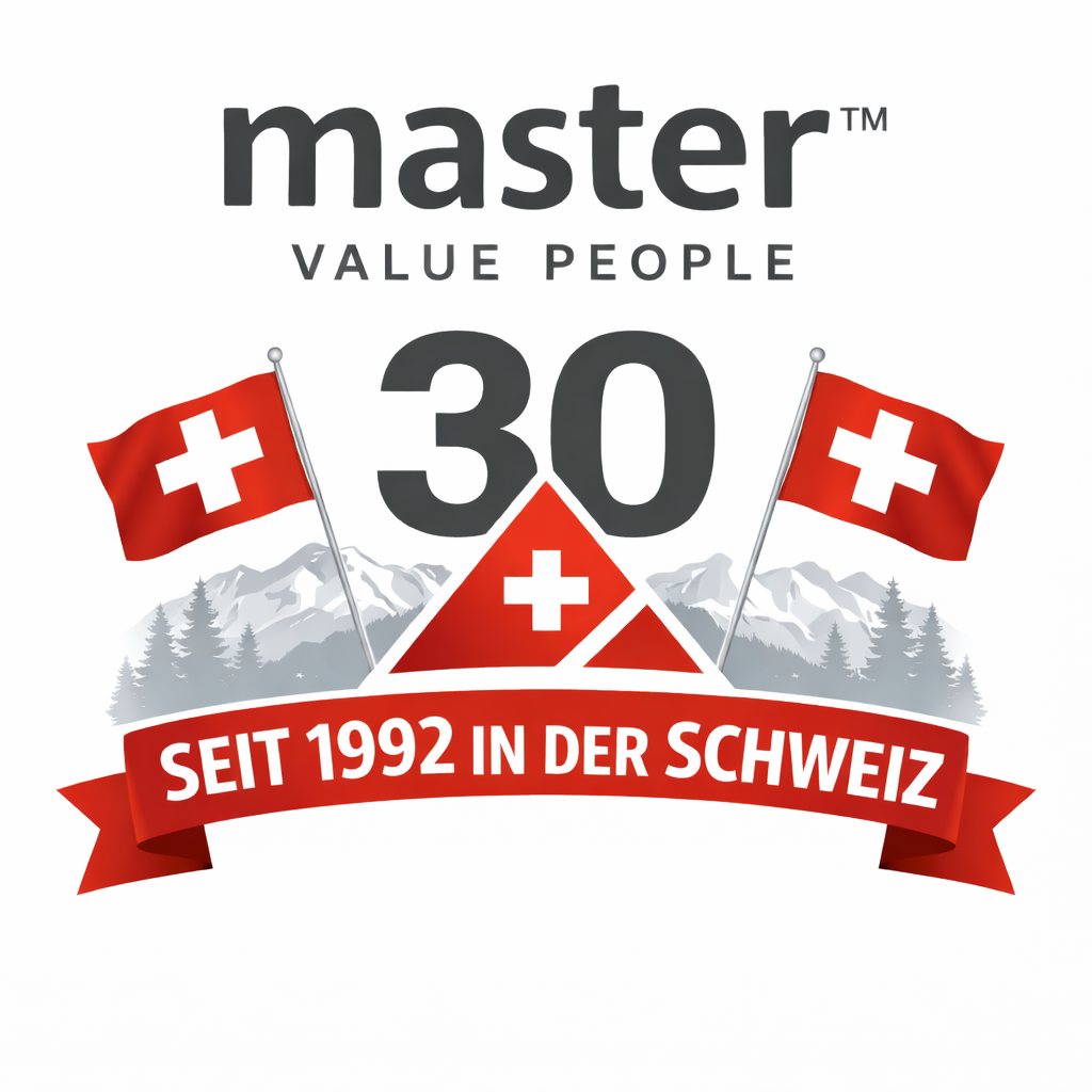 Master Ch feiert 30 Jahre in der Schweiz mit Schweizer Flaggen und Alpenmotiv.