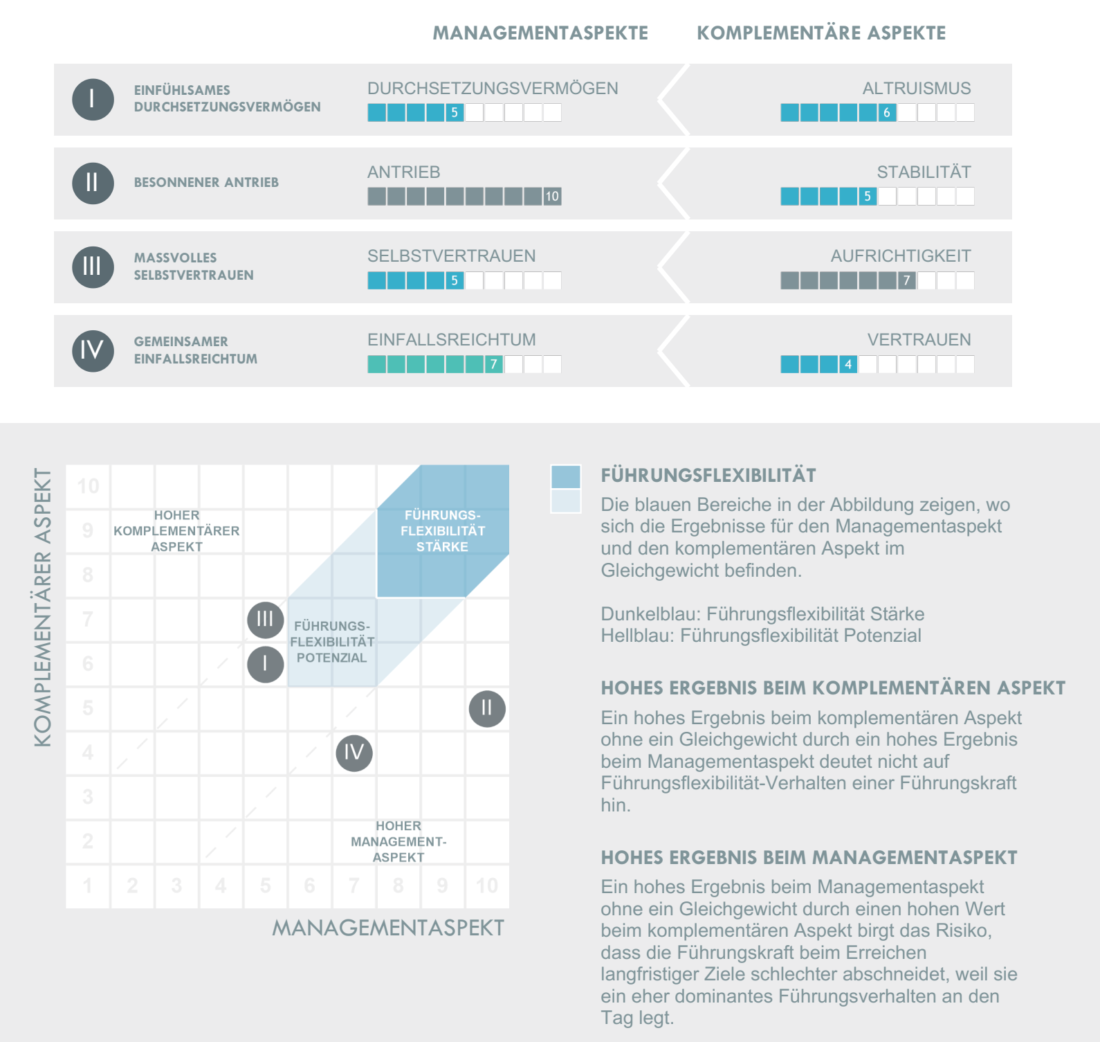 Das Bild zeigt eine Grafik zur Führungsflexibilität von Master Ch mit Management- und Komplementäraspekten.